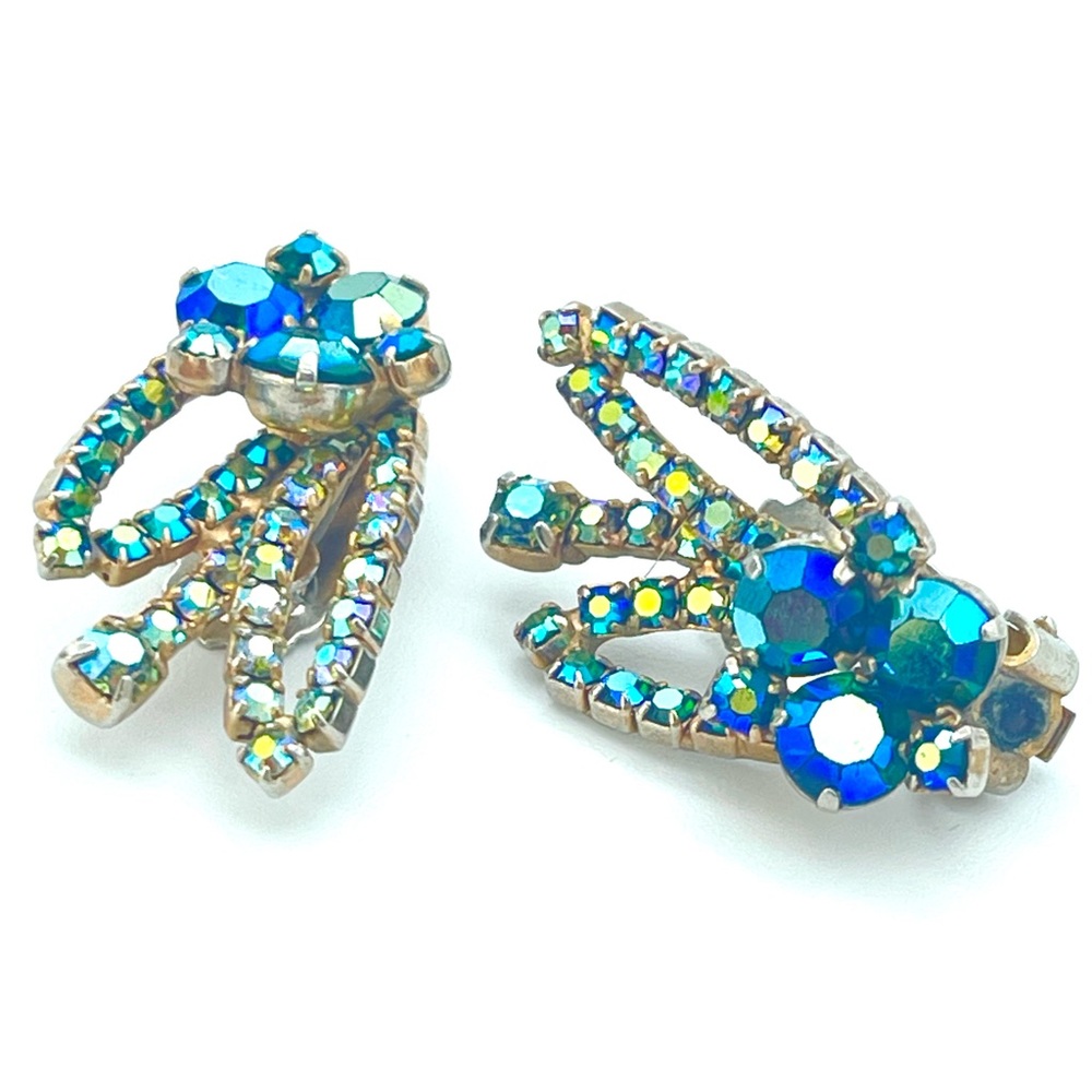 Vintage 50s Earrings, Blue Aurora Borealis Rhinestone Clip-On Prong Set Retro